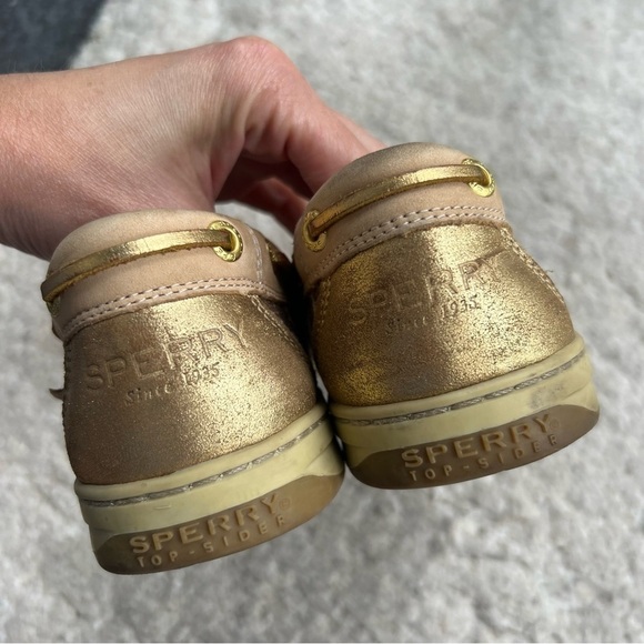 Sperry: Tan Suede, Textle Giraffe Print Metallic Gold Leather Boat Shoes Size 9M - Picture 7 of 9